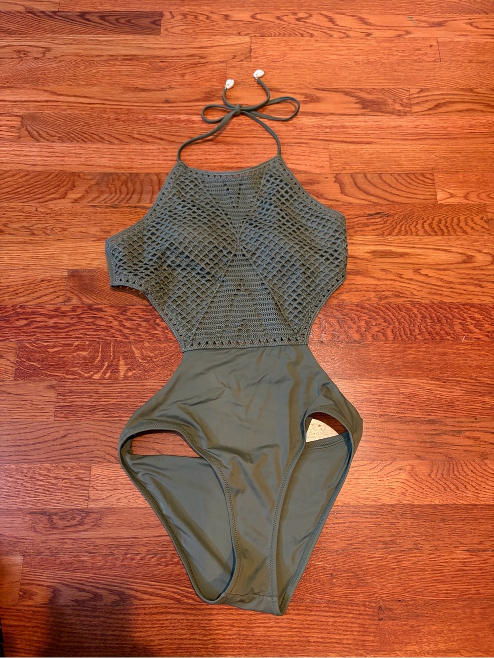 Aerie Olive Crochet Halter One-Piece Swimsuit Medium - Picture 3 of 9